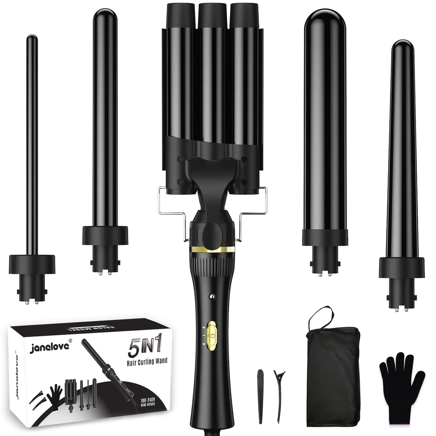 5 in 1 Wand Curling Iron janelove Hair Curling Wand Set with 3 Barrel Hair Crimper and 4 Interchangeable Ceramic Curling Irons (0.39 "-1.25") 2 Temps Fast Heat Hair Waver Curler for All Hair Type