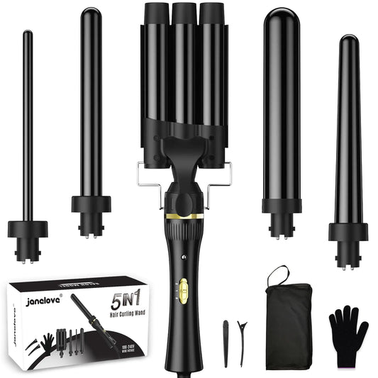5 in 1 Wand Curling Iron janelove Hair Curling Wand Set with 3 Barrel Hair Crimper and 4 Interchangeable Ceramic Curling Irons (0.39 "-1.25") 2 Temps Fast Heat Hair Waver Curler for All Hair Type