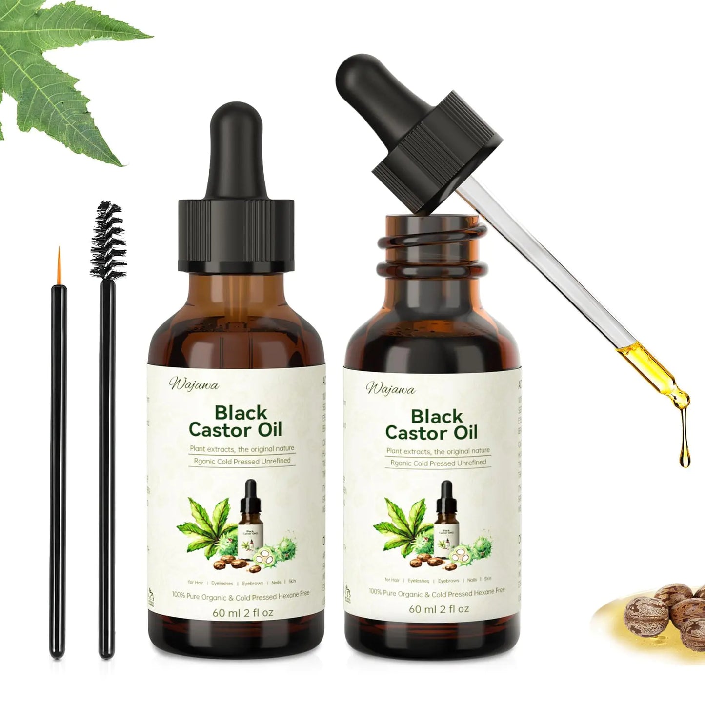 WAJAWA Organic castor oil for Hair Growth Eyebrow Care and Skin Nourishing - Cold Pressed Hexane Free - 100% Pure and Natural - Glass Bottle 2PCS…